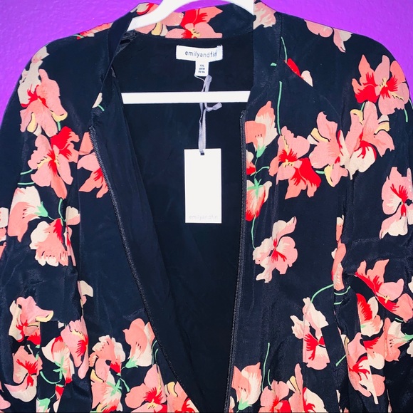 Silk Coral Red & Black Floral Bomber Jacket NWT 14 - Picture 5 of 8